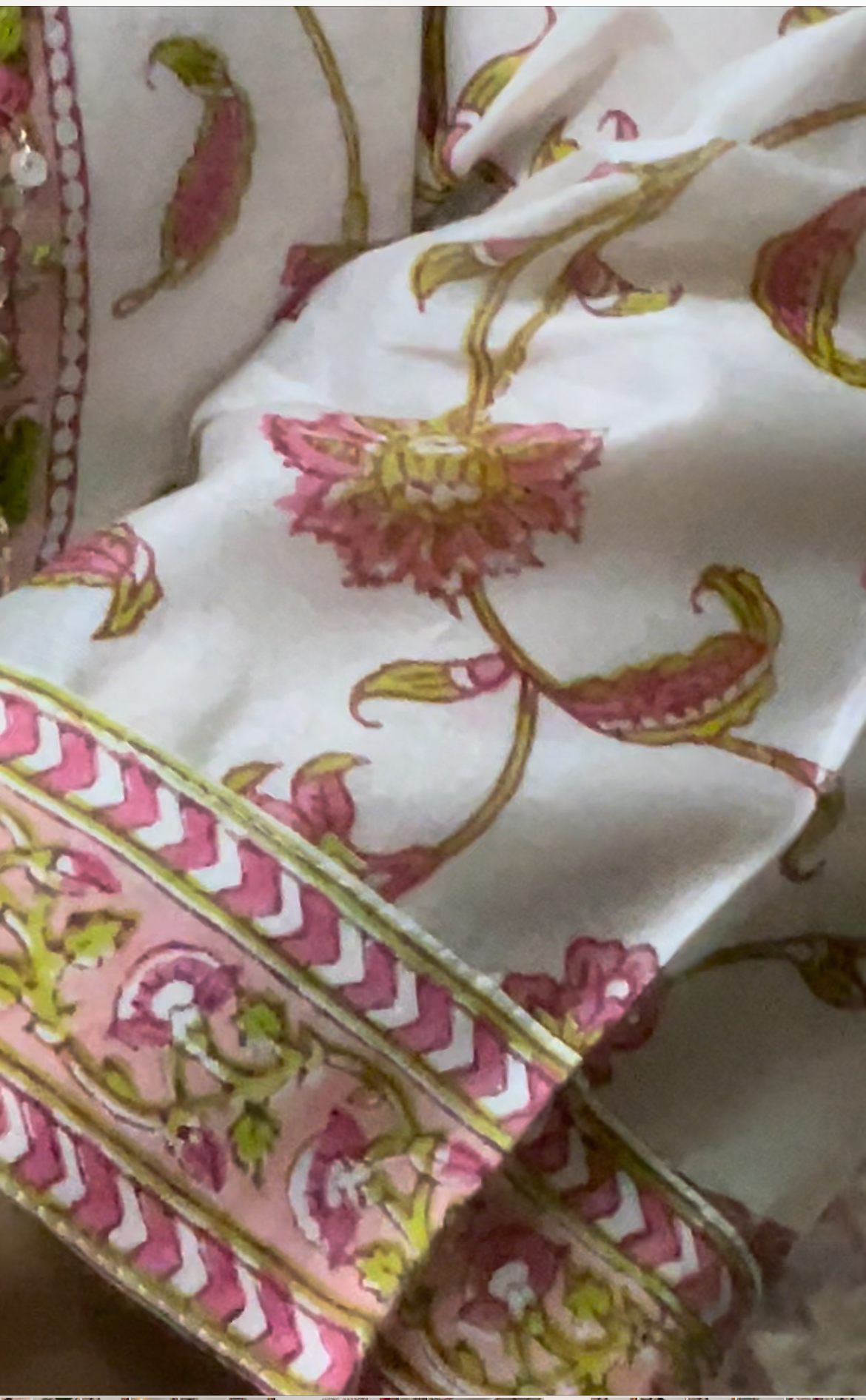 Hand Block Printed Cotton Silk Suit Set: Peach floral