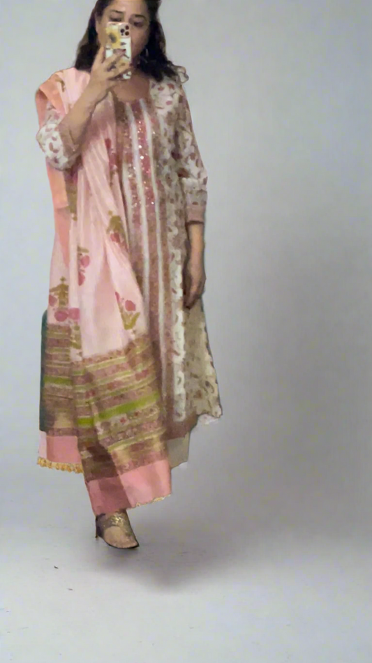 Hand Block Printed Cotton Silk Suit Set: Peach floral