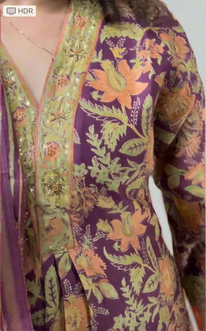 Hand Block Printed Chanderi Silk Set: Wine Floral