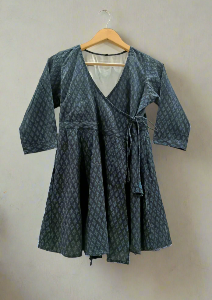 Hand Block Printed Angarkha Kali Cotton Blue Top