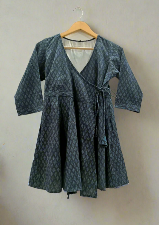 Hand Block Printed Angarkha Kali Cotton Blue Top