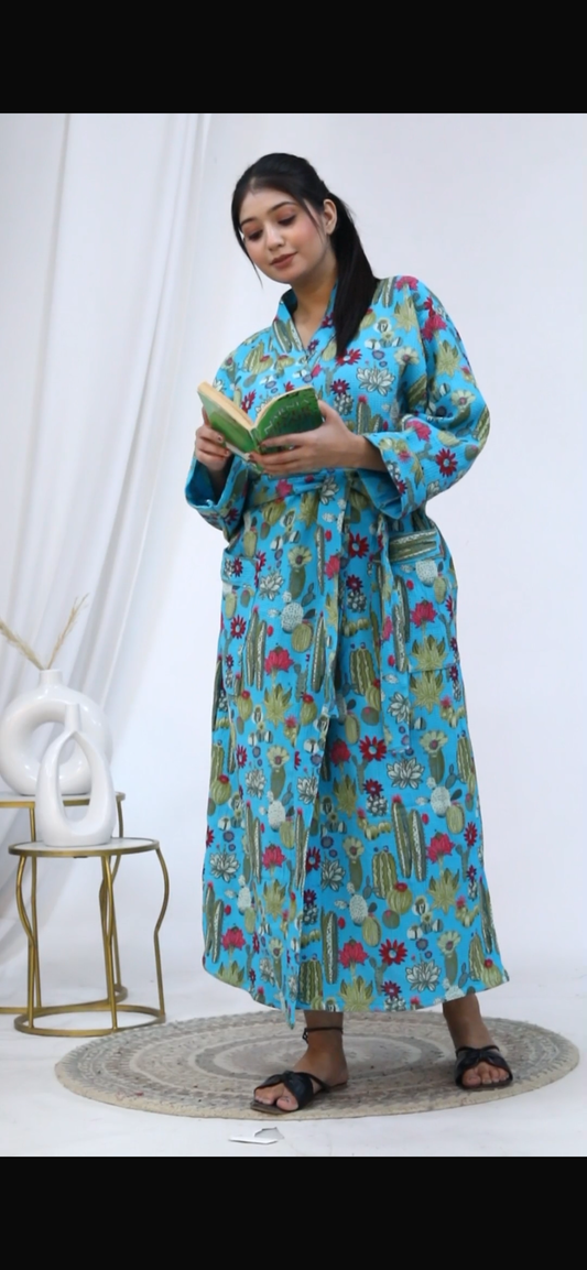 Block Printed Waffle Skyblue Bathrobe
