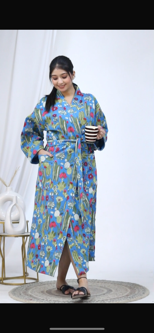Block Printed Waffle Blue Bathrobe