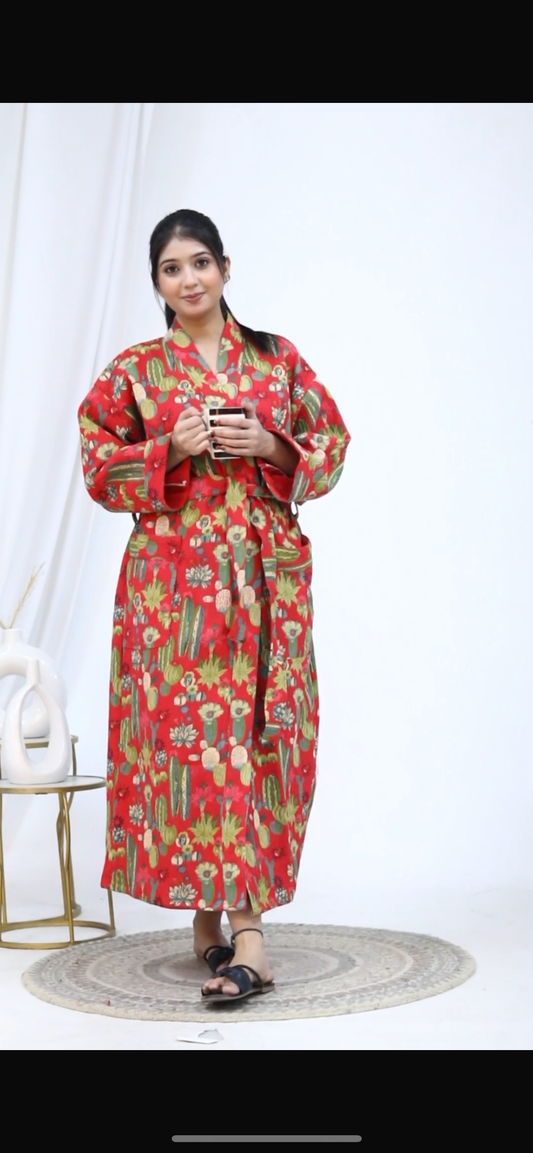 Block Printed Waffle Red Bathrobe