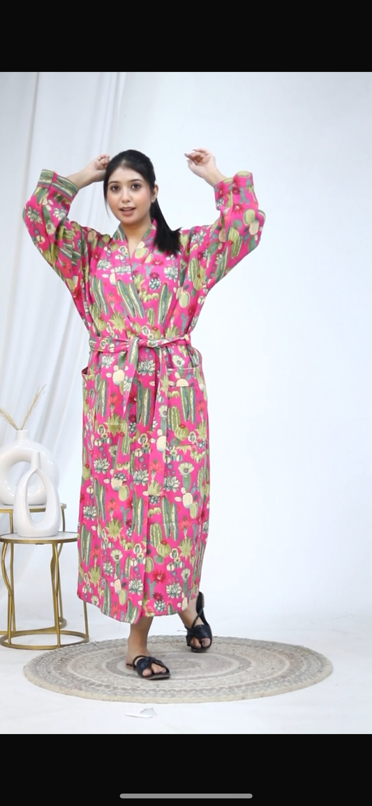 Block Printed Waffle Pink Bathrobe