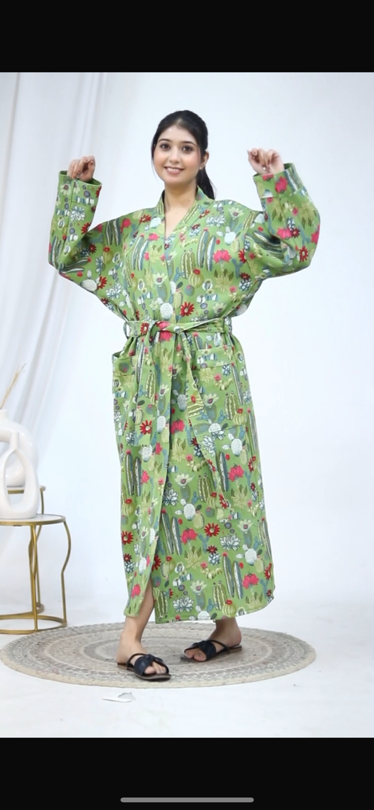 Block Printed Waffle Green Bathrobe