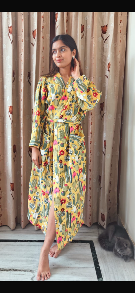 Block Printed Waffle yellow Bathrobe