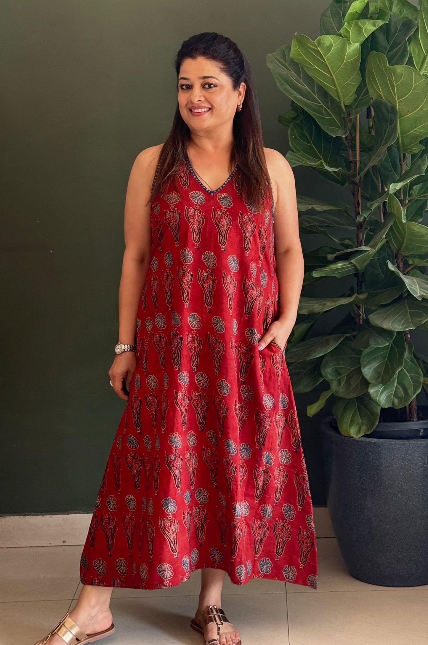 Ajrakh Cotton Halter Neck dress- Red