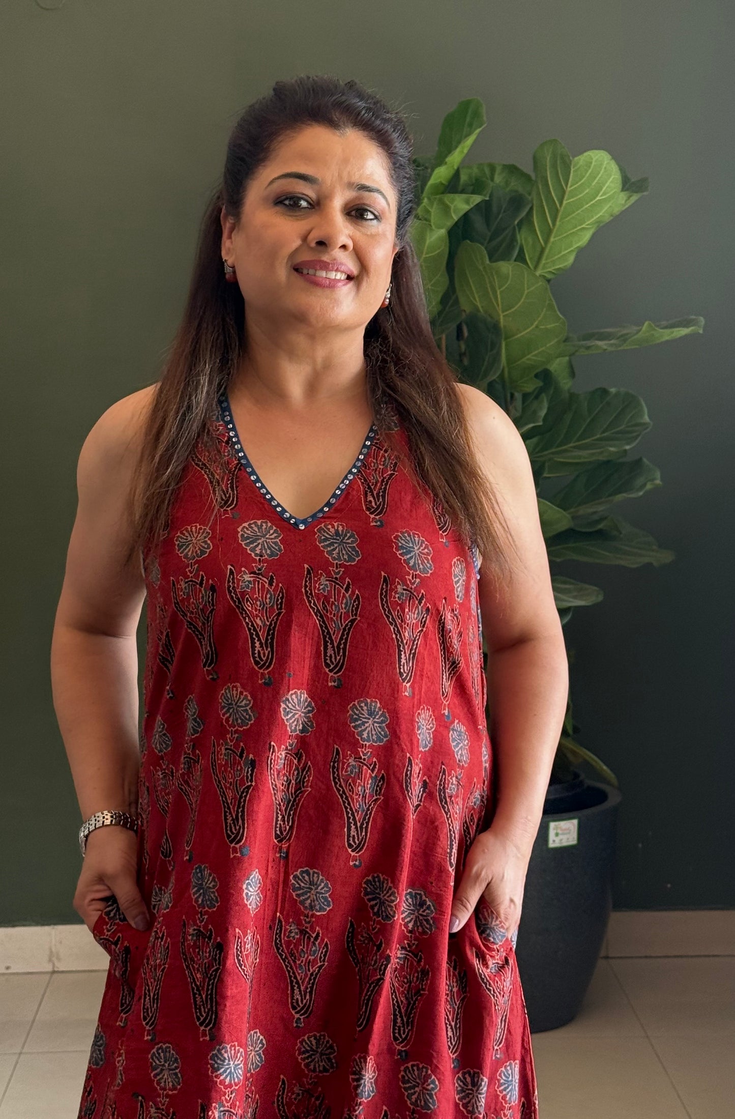 Ajrakh Cotton Halter Neck dress- Red