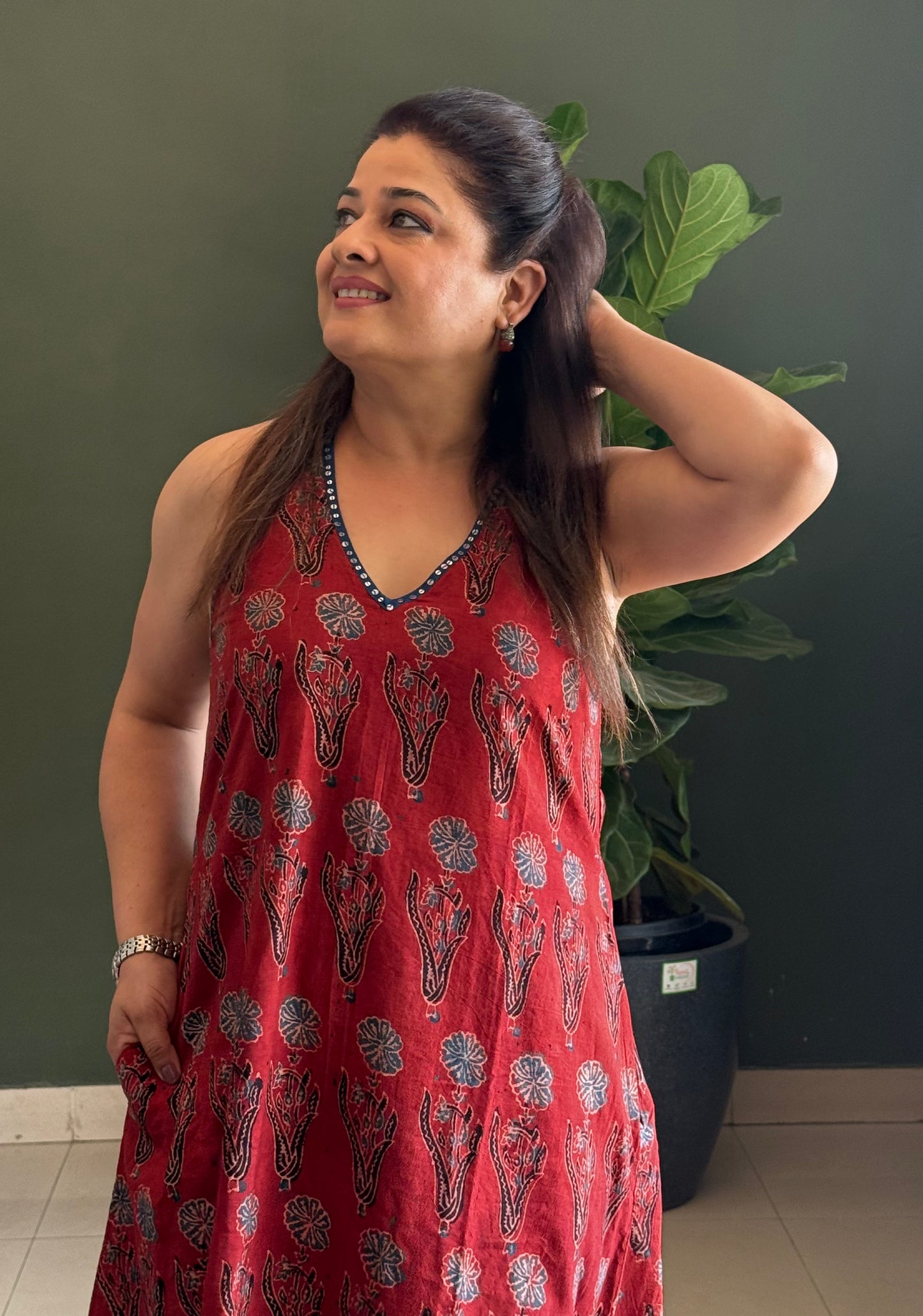 Ajrakh Cotton Halter Neck dress- Red