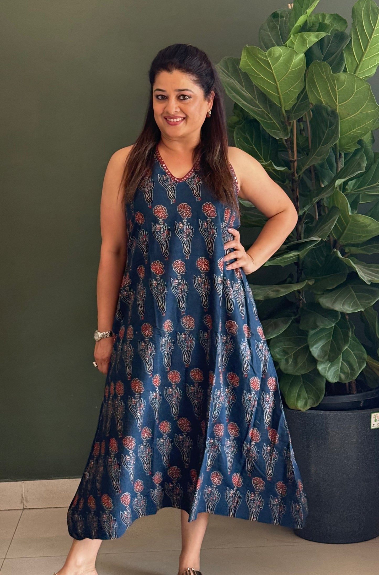 Ajrakh Cotton Halter Neck Dress- Blue