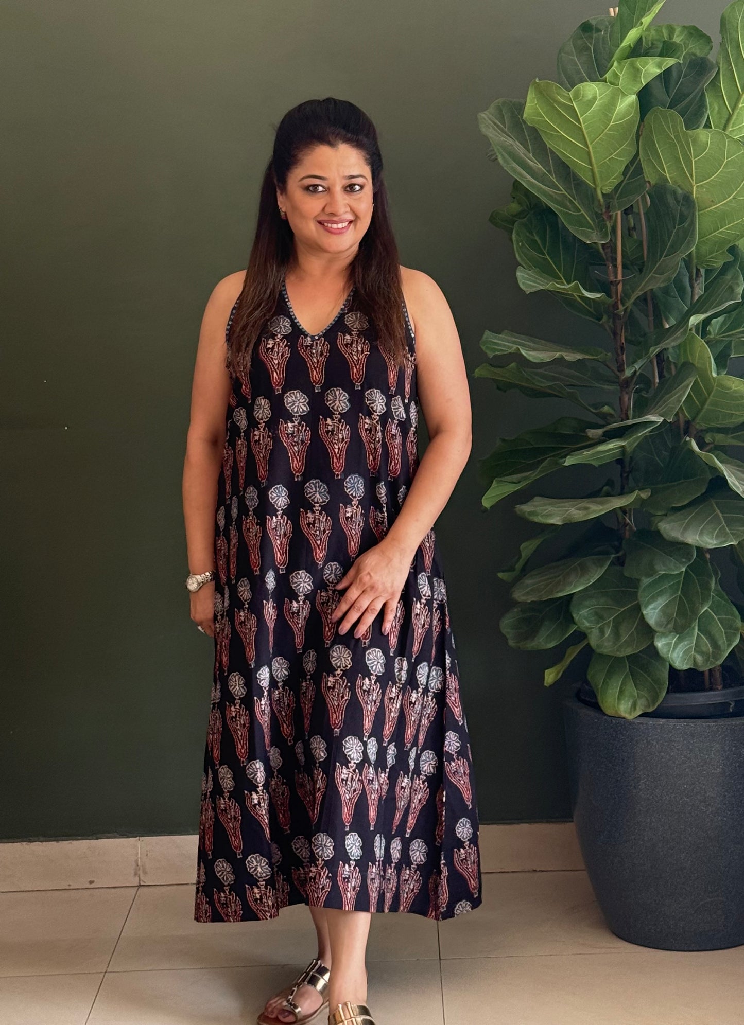 Ajrakh Cotton Halter Neck Dress-Black