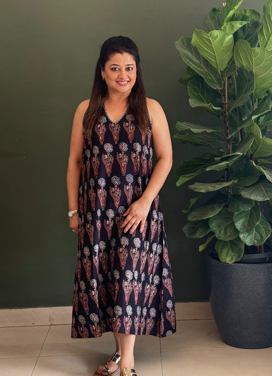 Ajrakh Cotton Halter Neck Dress-Black