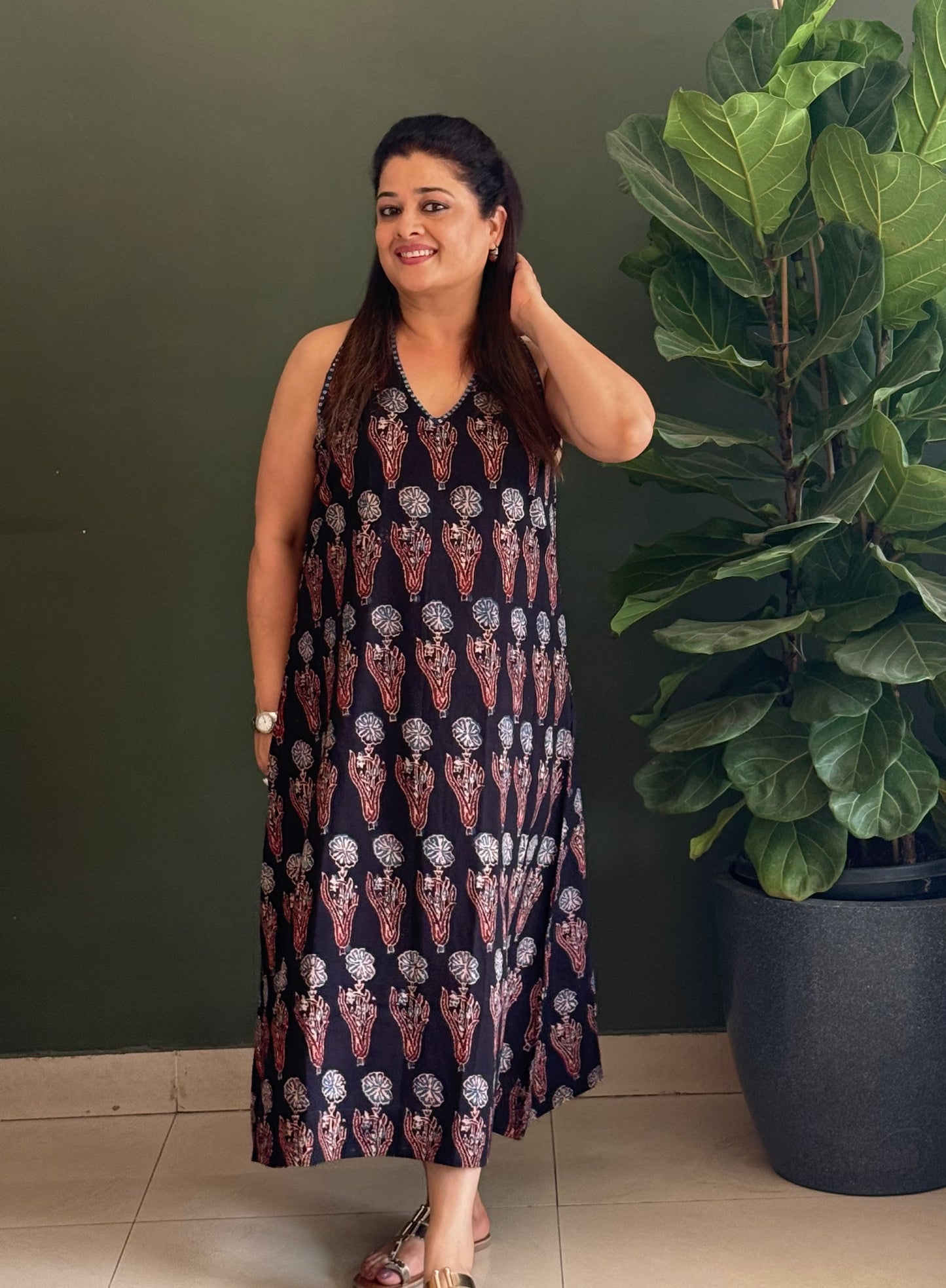 Ajrakh Cotton Halter Neck Dress-Black