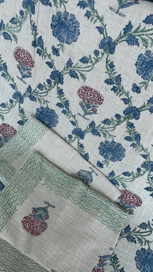 Hand Block Printed TNT Bedcover: Blue & Red Flowers