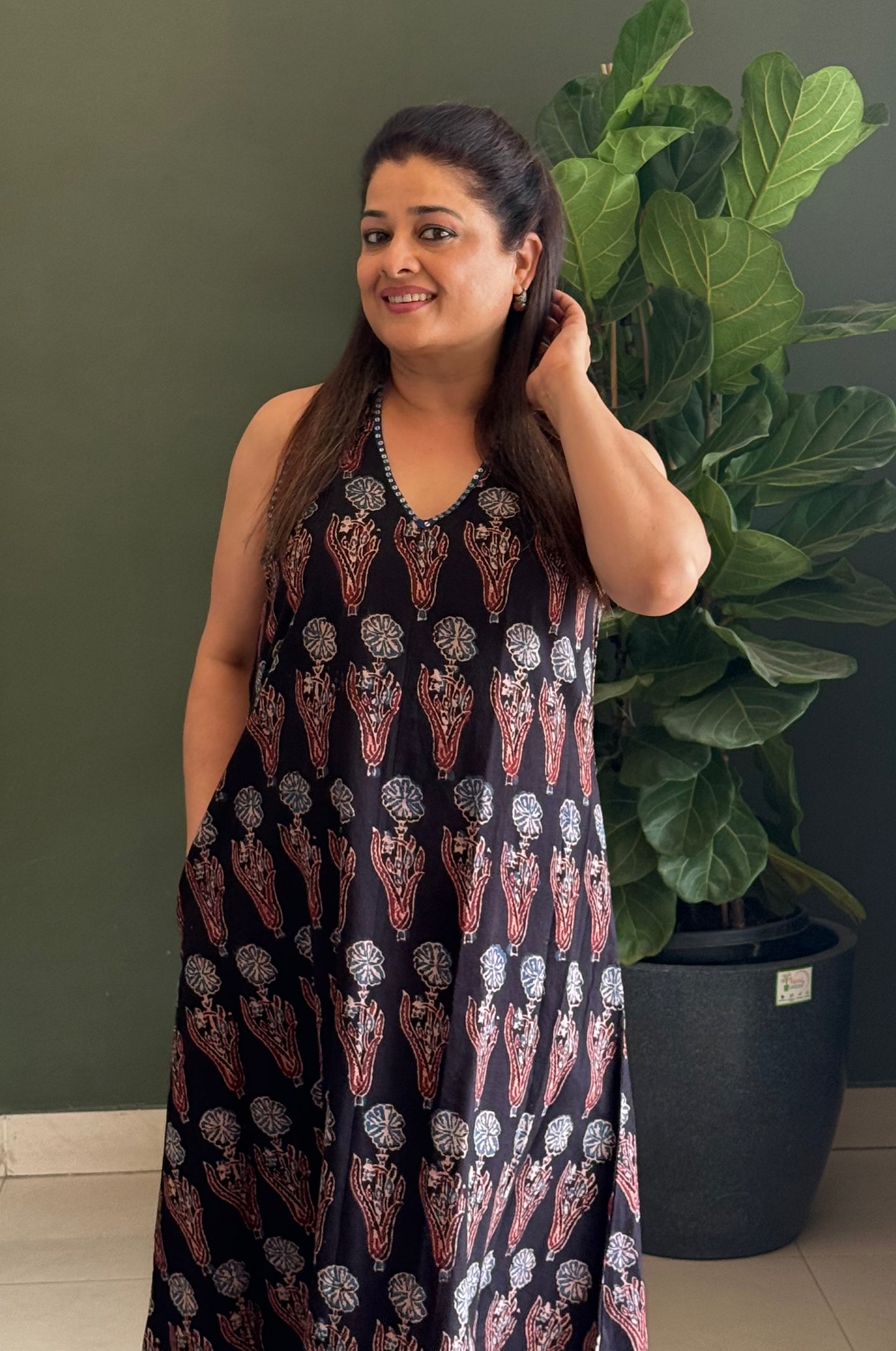 Ajrakh Cotton Halter Neck Dress-Black