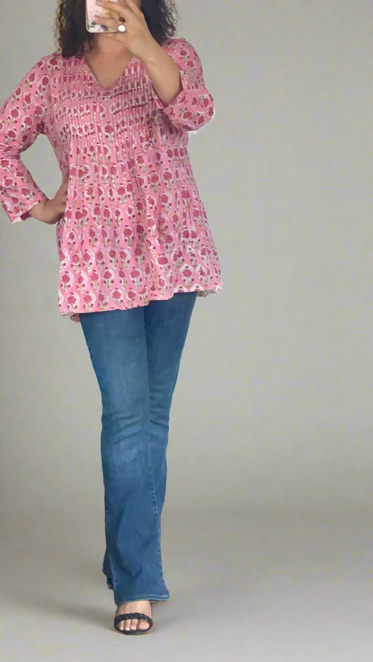 Hand Block Printed Pintuck V Neck Pink Top