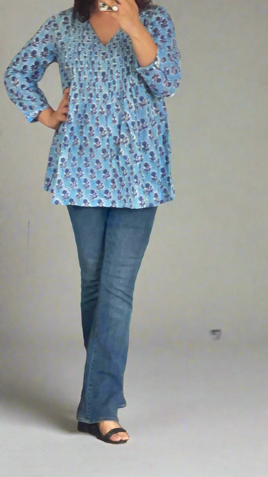 Hand Block Printed Pintuck V Neck Light Blue Top