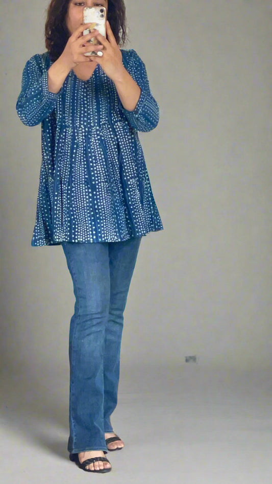 Hand Block Printed Pintuck V Neck Blue Top