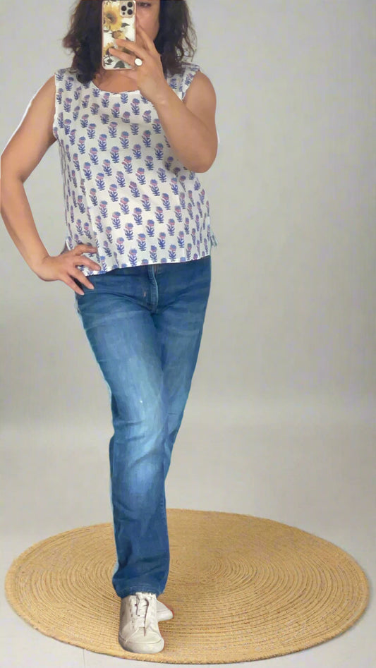 Hand Block Printed Sleeveless Top White