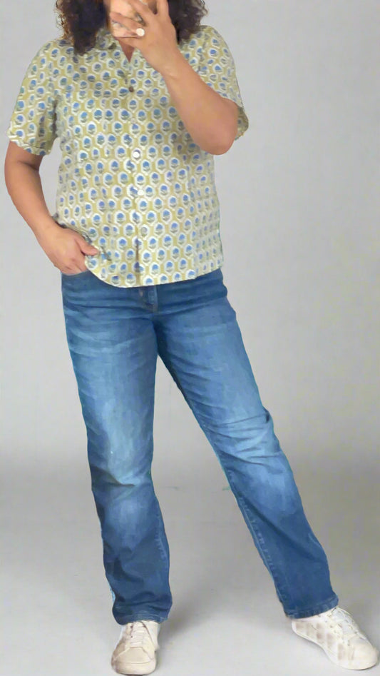 Hand Block Printed Half Sleeves Shirt Green