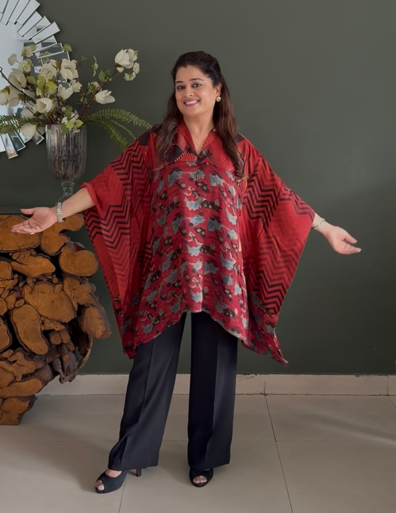 Ajrakh Vanaspati Modal Kaftan Top- Red