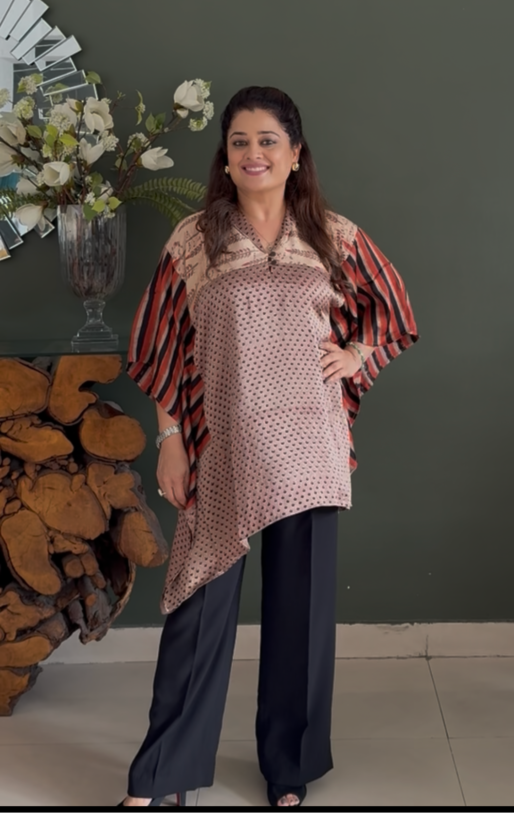 Ajrakh Vanaspati Modal Kaftan Top- Beige