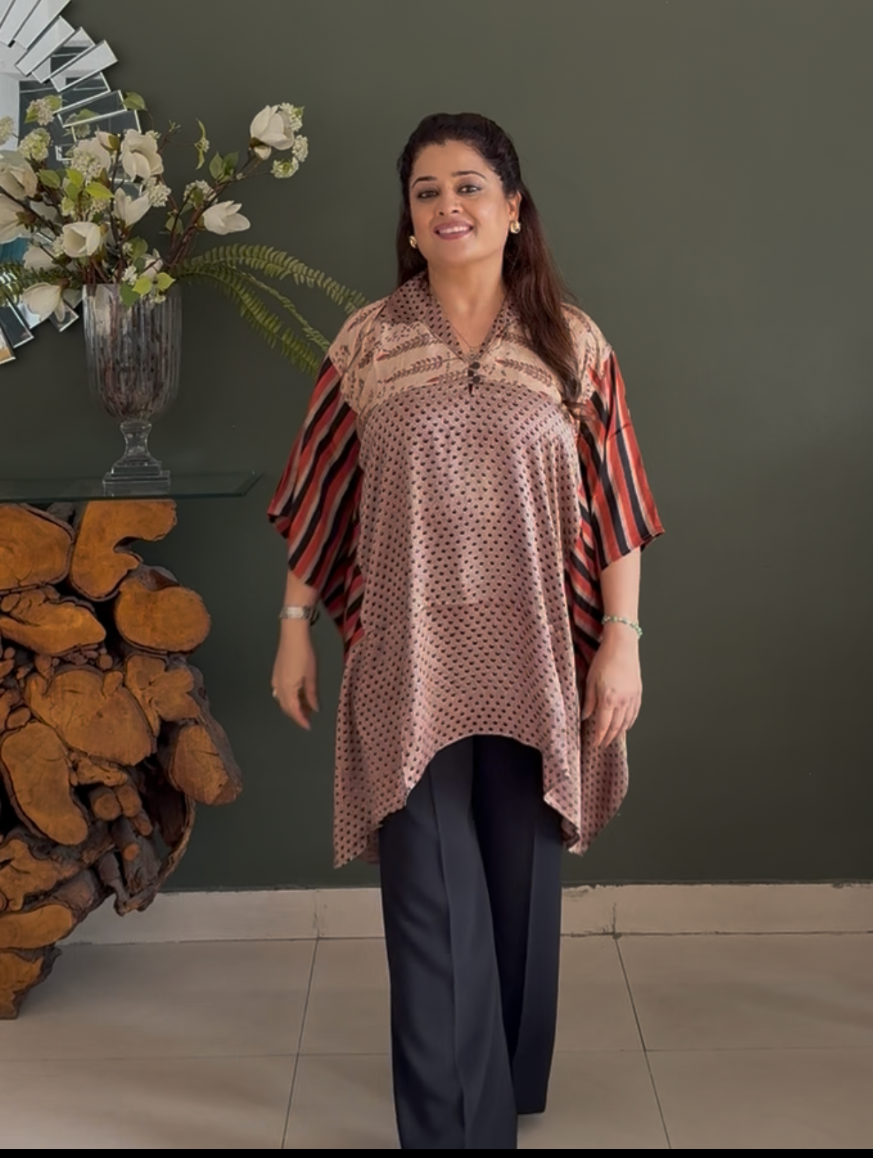 Ajrakh Vanaspati Modal Kaftan Top- Beige