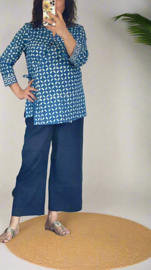 Hand Block Printed Wrap Top Blue
