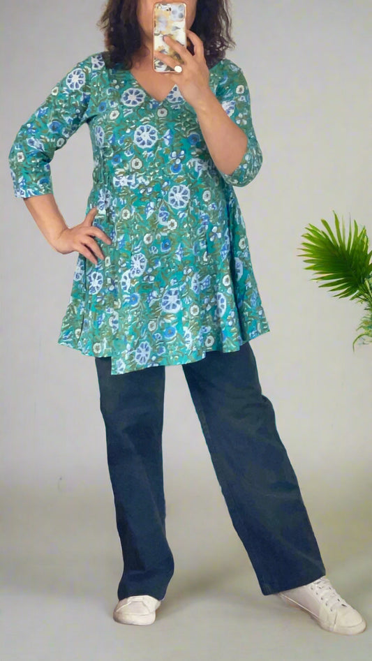 Hand Block Printed Angarkha Kali Cotton Green Top