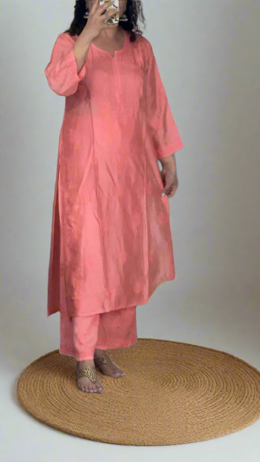 Chikankari Chanderi Gala Buti Kurta Set