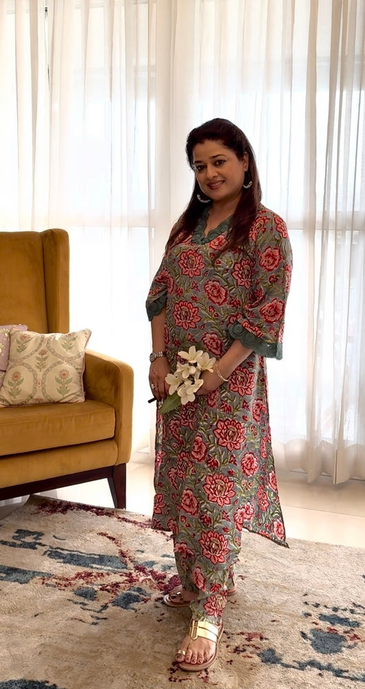 Block print A-Line Kurta Co-ord Set: Green