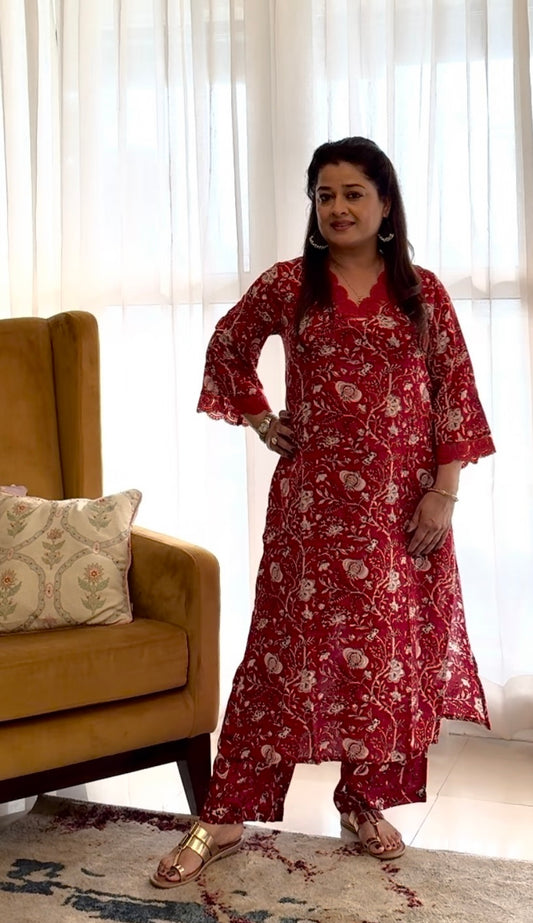Block Print A-Line Kurta Co-ord Set: Red