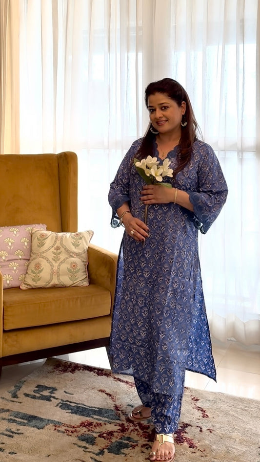 Block Print A-Line Kurta Co-ord Set: Blue