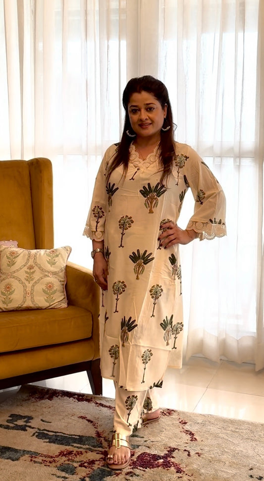 Block Print A-Line Kurta Co-ord Set: Off-White
