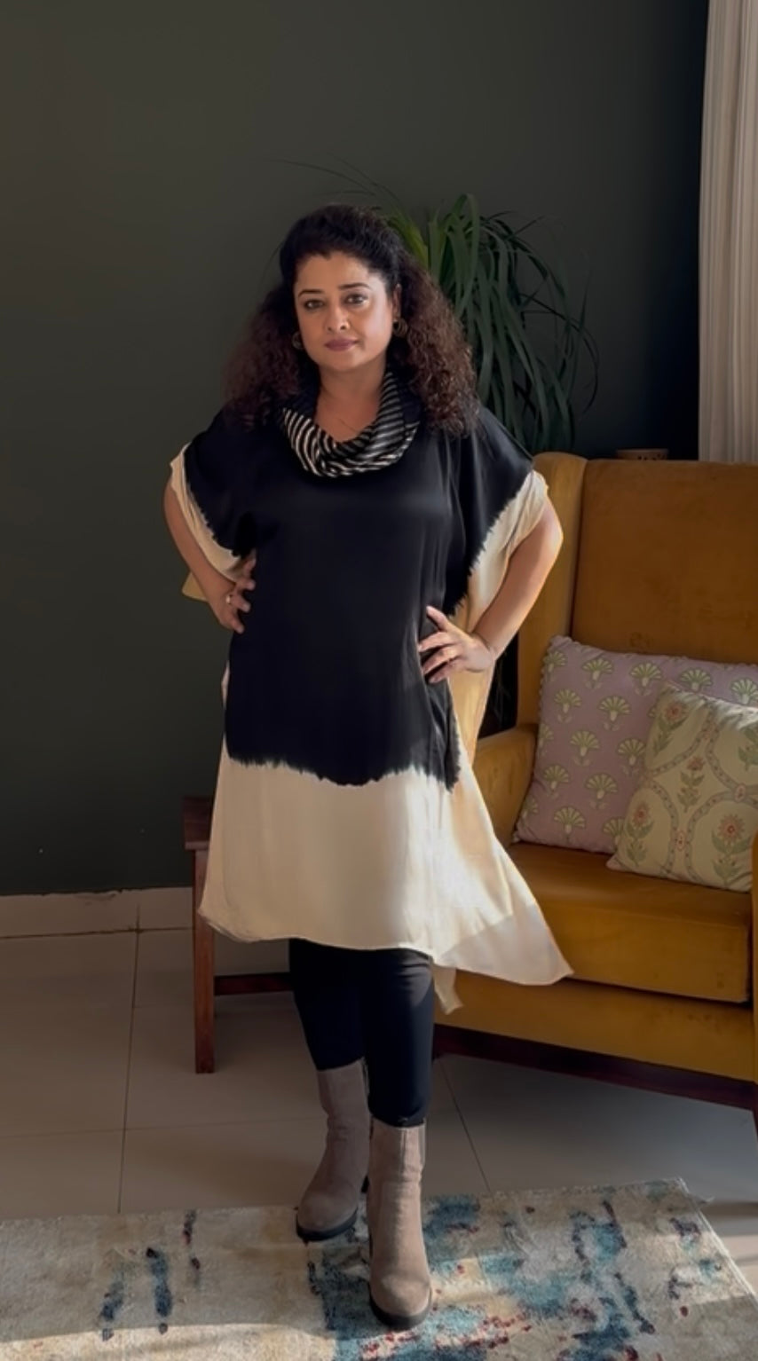 Tie & Dye Modal Cowl Neck Kaftan- Black & White