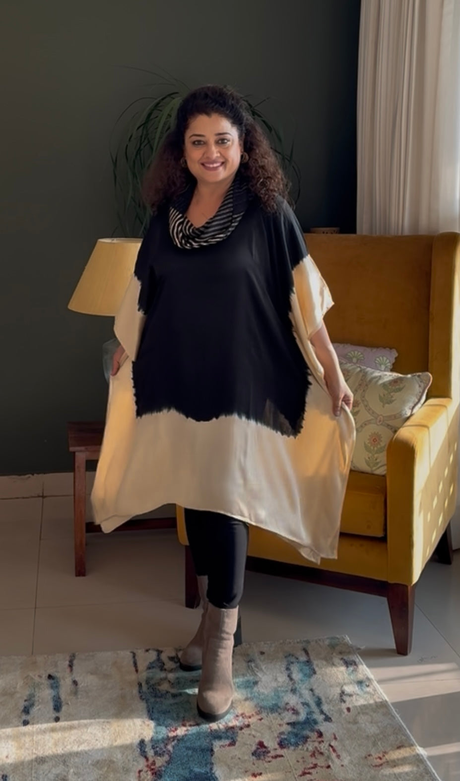 Tie & Dye Modal Cowl Neck Kaftan- Black & White