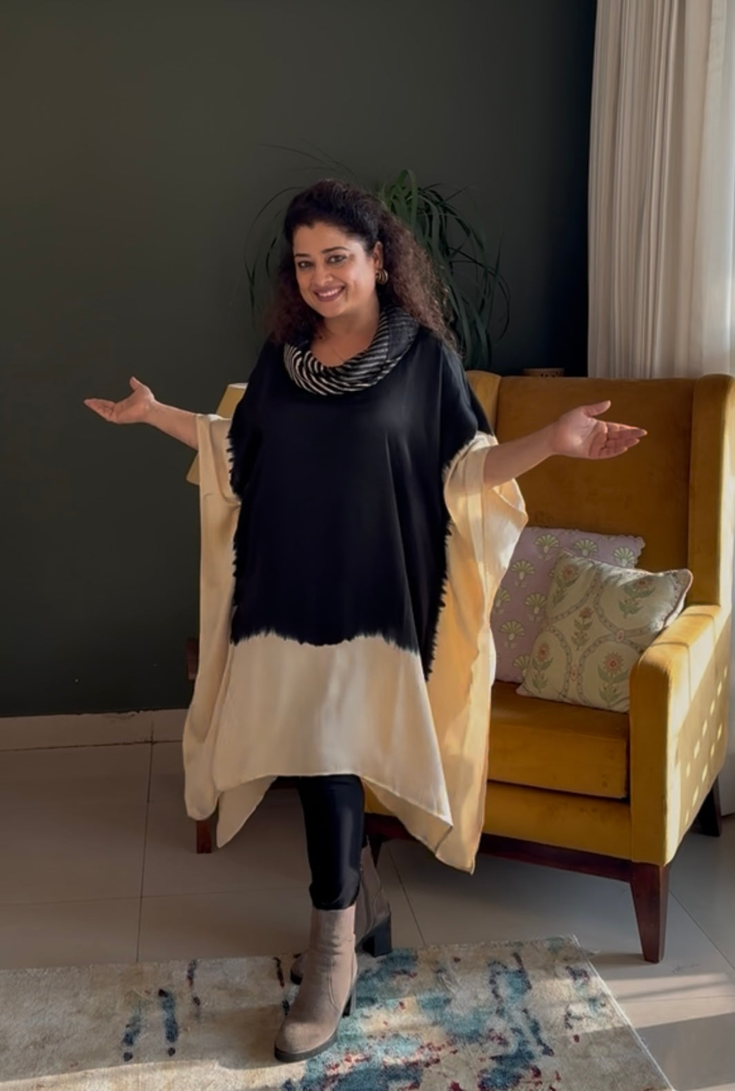 Tie & Dye Modal Cowl Neck Kaftan- Black & White