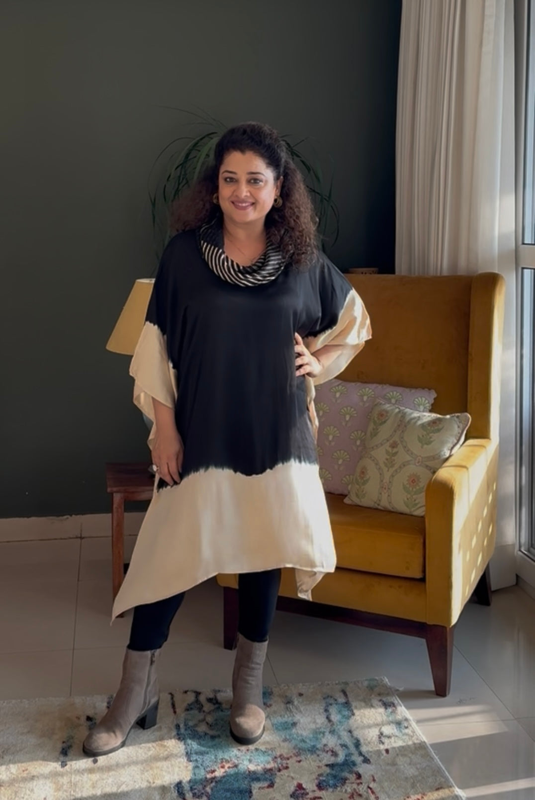 Tie & Dye Modal Cowl Neck Kaftan- Black & White