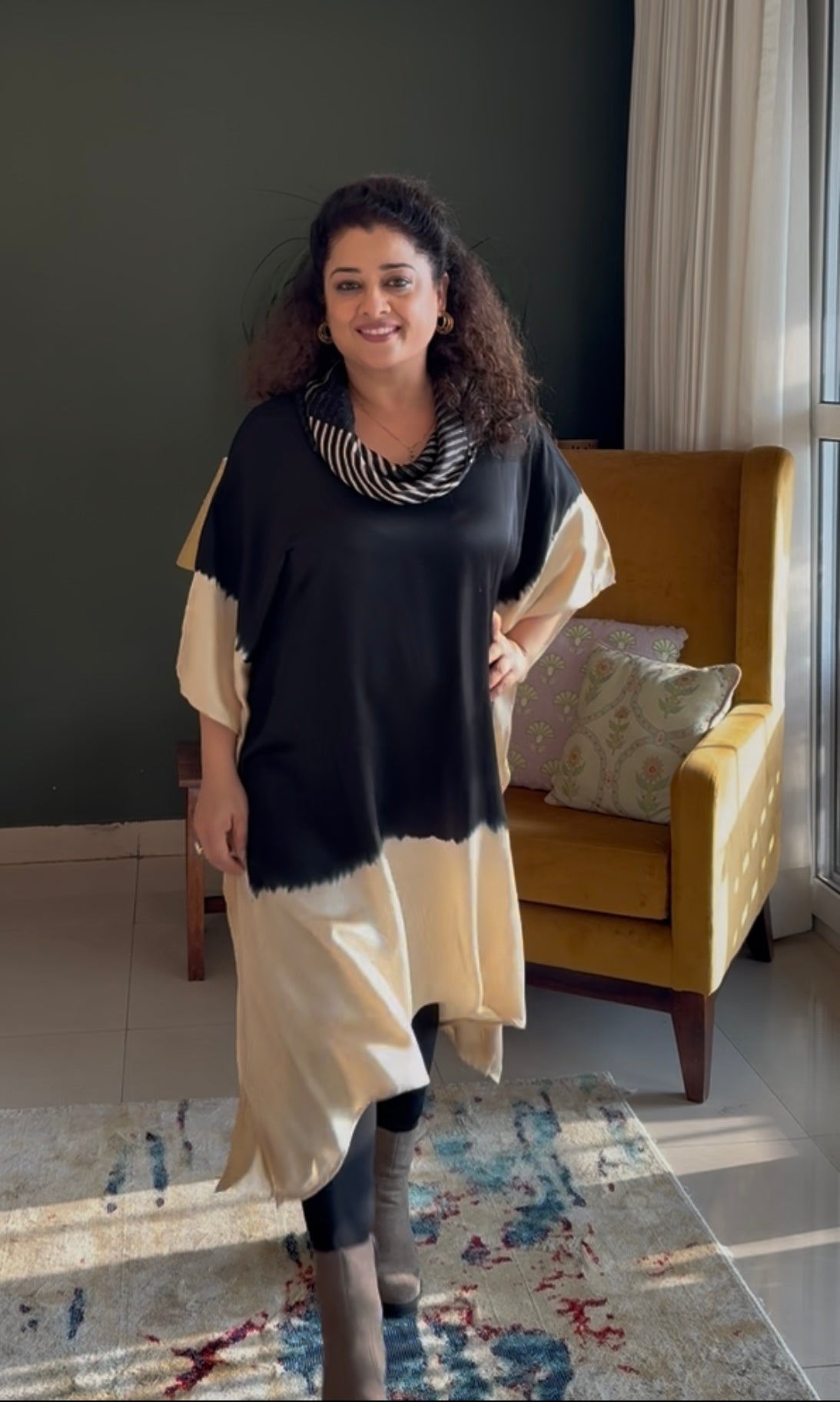 Tie & Dye Modal Cowl Neck Kaftan- Black & White