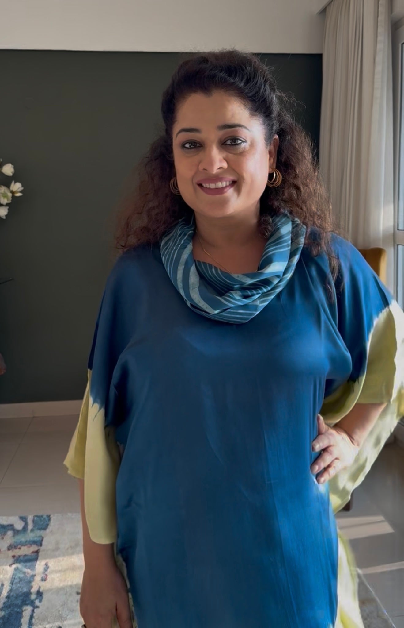 Tie & dye Modal Cowl Neck Kaftan-Blue & white