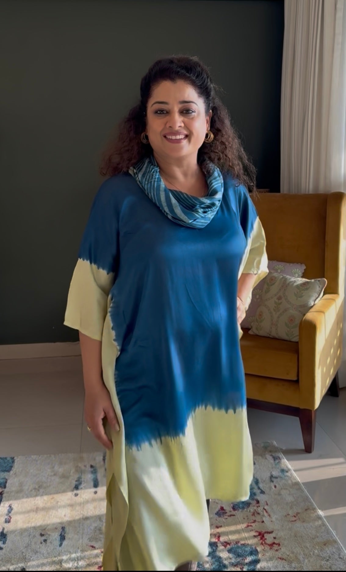 Tie & dye Modal Cowl Neck Kaftan-Blue & white