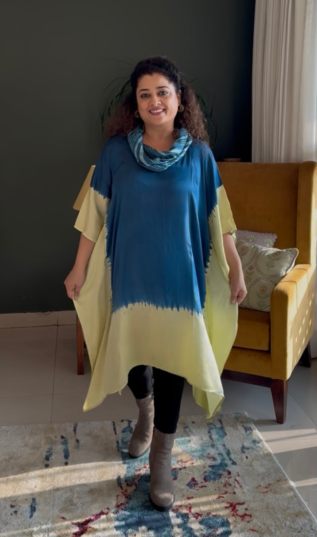 Tie & dye Modal Cowl Neck Kaftan-Blue & white