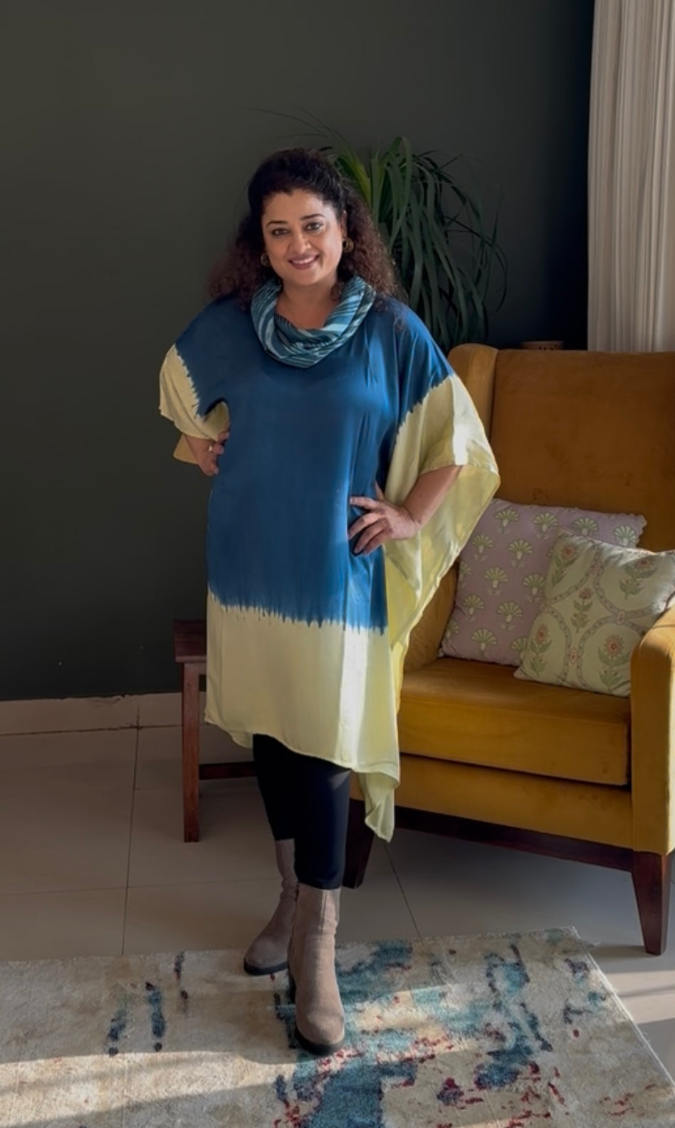 Tie & dye Modal Cowl Neck Kaftan-Blue & white