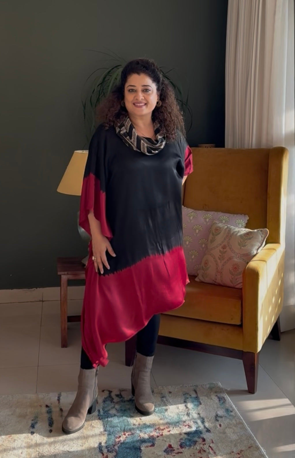 Tie & Dye Modal Cowl Neck Kaftan Top -Black & Red