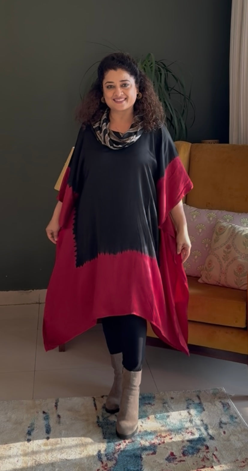 Tie & Dye Modal Cowl Neck Kaftan Top -Black & Red