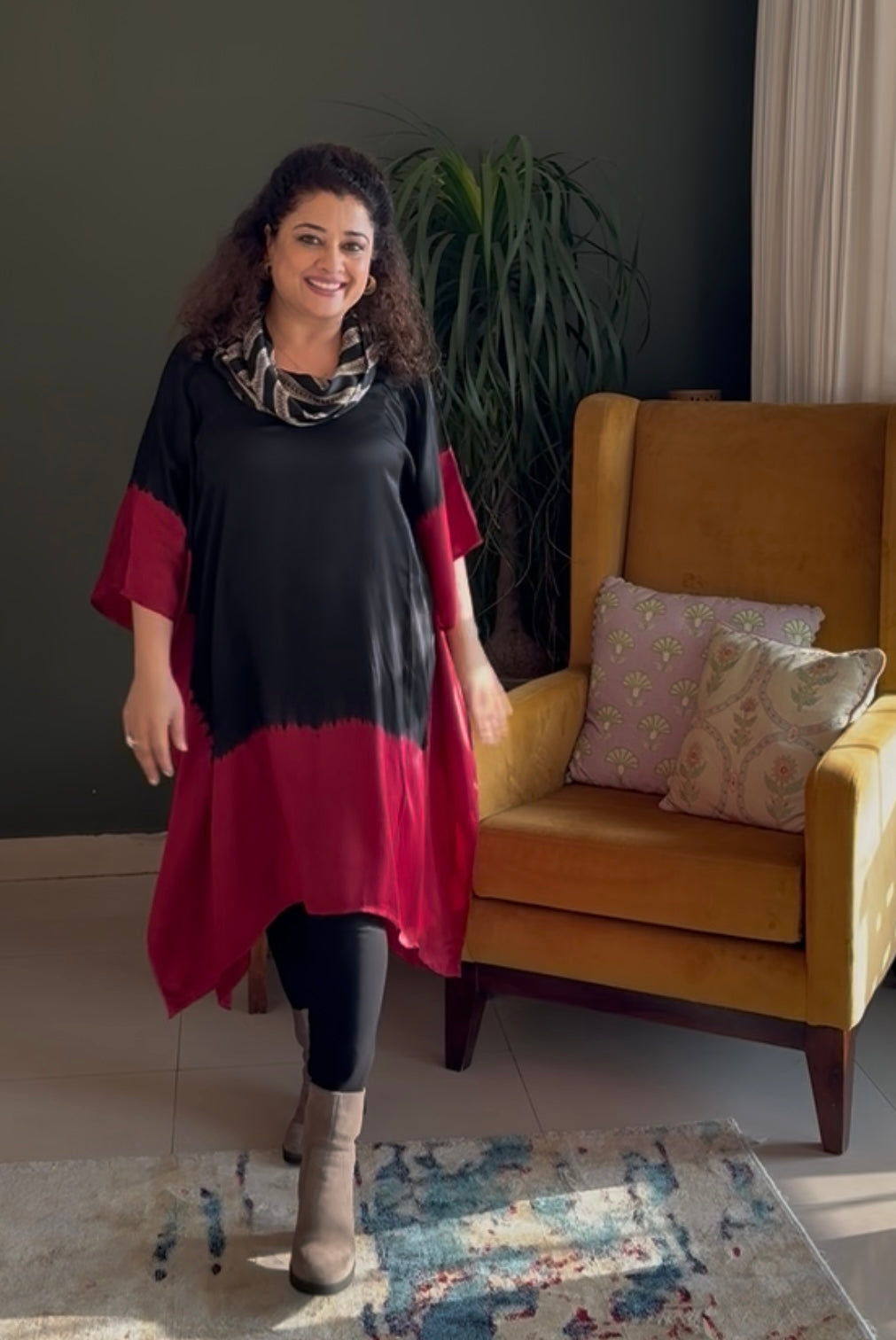 Tie & Dye Modal Cowl Neck Kaftan Top -Black & Red