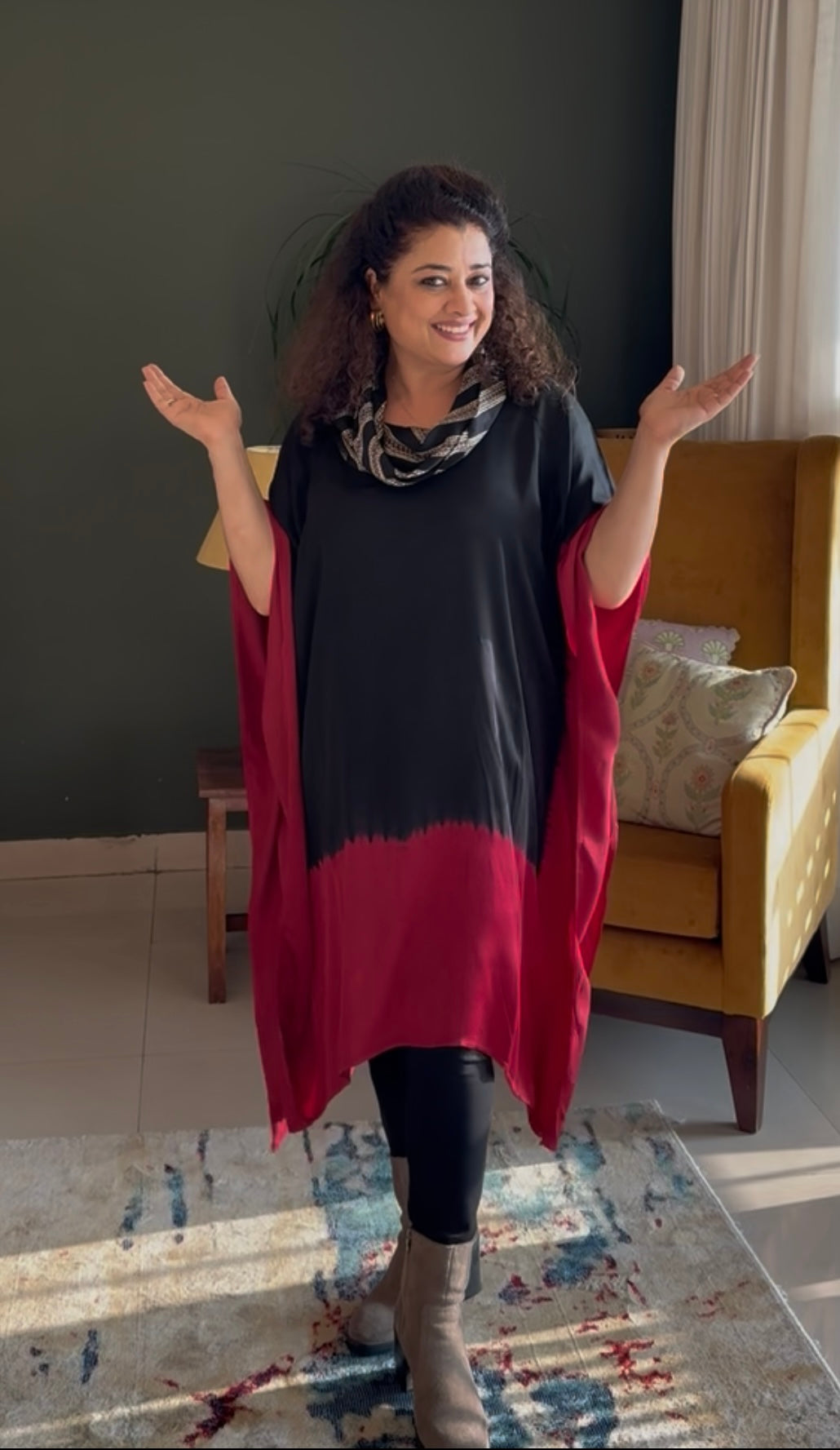 Tie & Dye Modal Cowl Neck Kaftan Top -Black & Red