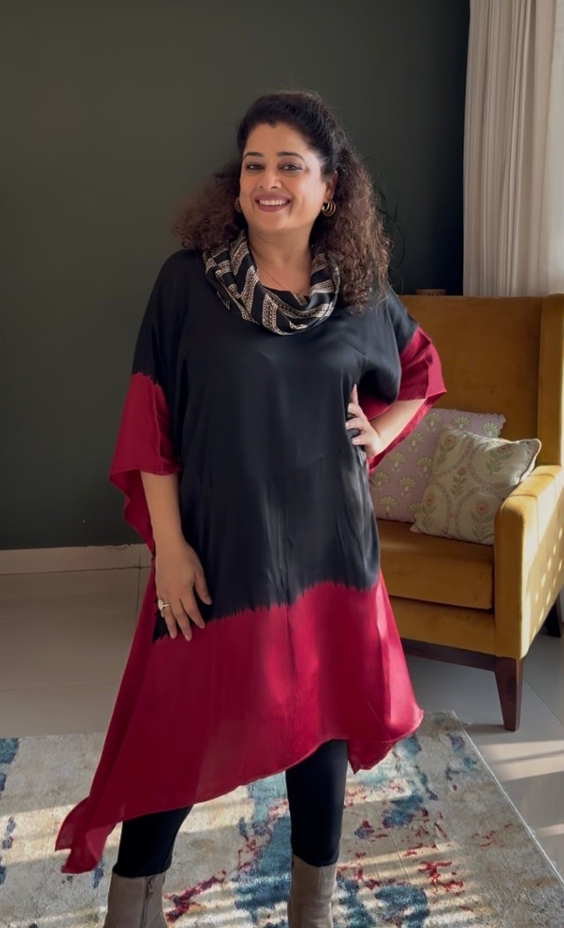 Tie & Dye Modal Cowl Neck Kaftan Top -Black & Red