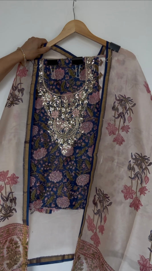 Block Print Chanderi Embellished Suit Fabric: Purple